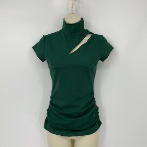 Susana Monaco cut-out shirt top blouse jersey knit forest green ruched new XS